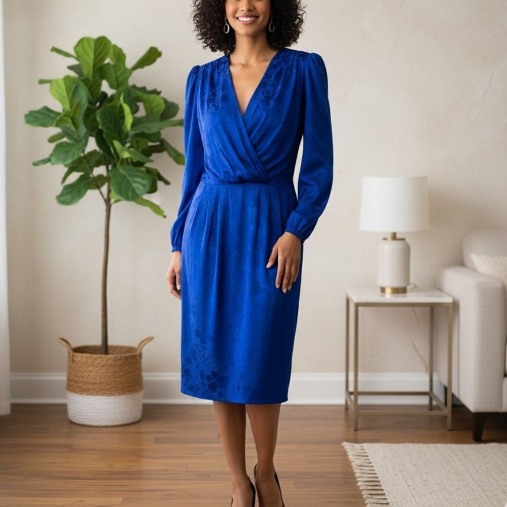 Argenti Vintage Pure Silk Blue Long Sleeve Midi Wrap Dress Size 10